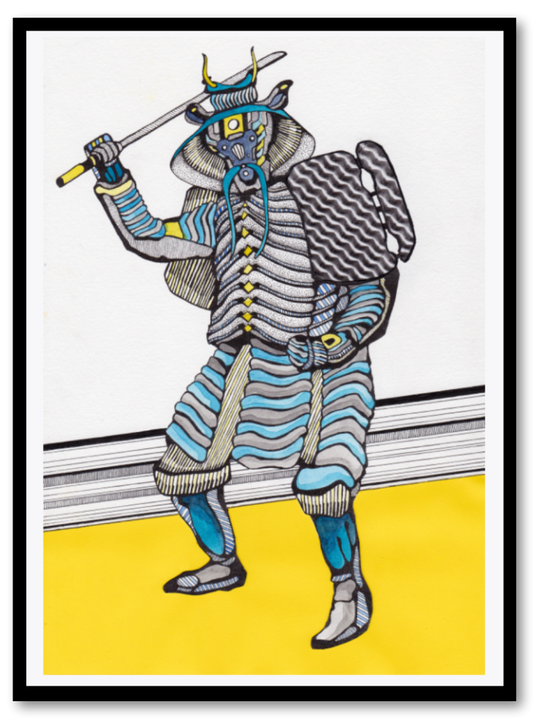 Eine Samurai Illustration in Gelb und Blau